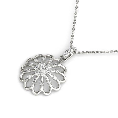 Silver Round Diamond Floral Halo Pendant with Prong Setting
