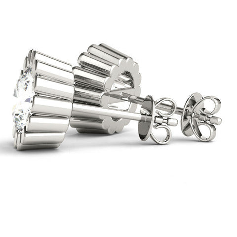 Silver Round Diamond Flower Halo Stud Earrings with Petal Prong Setting