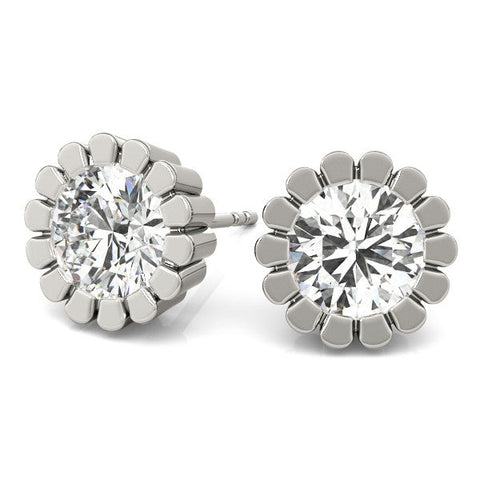 Silver Round Diamond Flower Halo Stud Earrings with Petal Prong Setting