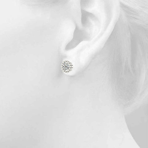 Silver Round Diamond Flower Halo Stud Earrings with Petal Prong Setting