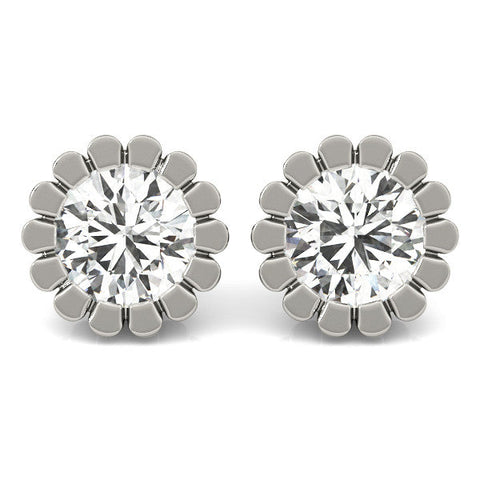 Silver Round Diamond Flower Halo Stud Earrings with Petal Prong Setting