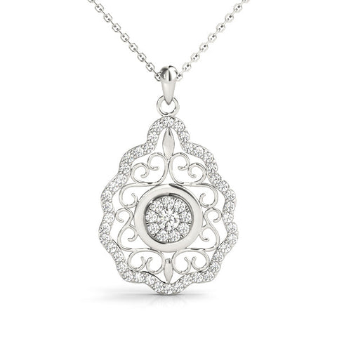 Silver Round Diamond Halo Pendant with Filigree Design