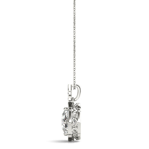 Silver Round Diamond Halo Pendant with Milgrain Prong Setting