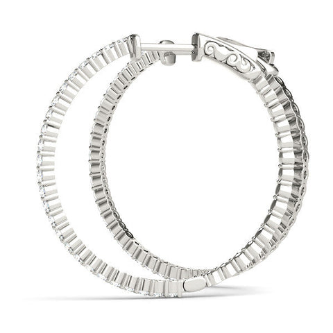 Silver Round Diamond Hoop Earrings with Pave Setting and Shared Prong