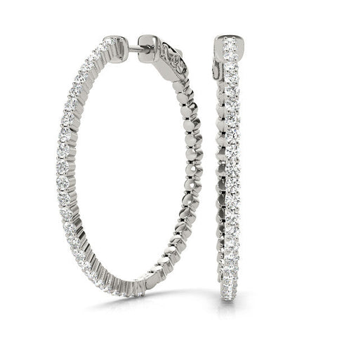 Silver Round Diamond Hoop Earrings with Pave Setting and Shared Prong