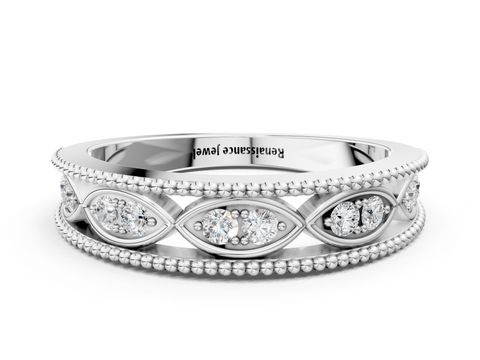 White gold Round Diamond Marquise Milgrain Two-Tone Prong Set Band