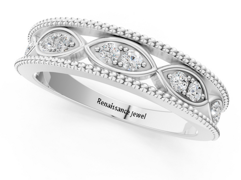White gold Round Diamond Marquise Milgrain Two-Tone Prong Set Band