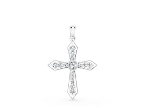 White gold Round Diamond Milgrain Cross Pendant with Bezel Setting