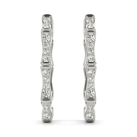 Silver Round Diamond Pavé Bamboo Hoop Earrings with Four-Prong Setting