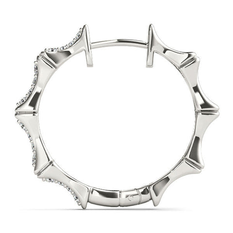Silver Round Diamond Pavé Bamboo Hoop Earrings with Four-Prong Setting
