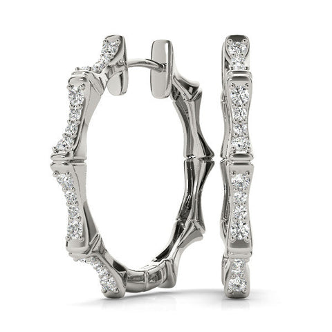 Silver Round Diamond Pavé Bamboo Hoop Earrings with Four-Prong Setting