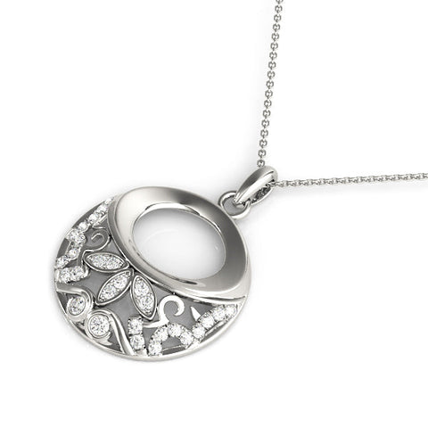 Silver Round Diamond Pavé Leaf Filigree Pendant