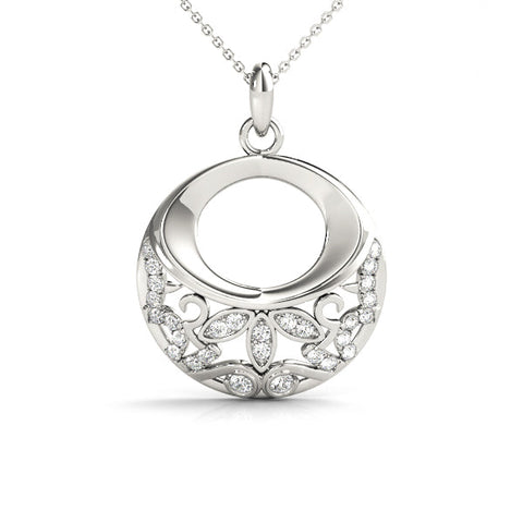 Silver Round Diamond Pavé Leaf Filigree Pendant