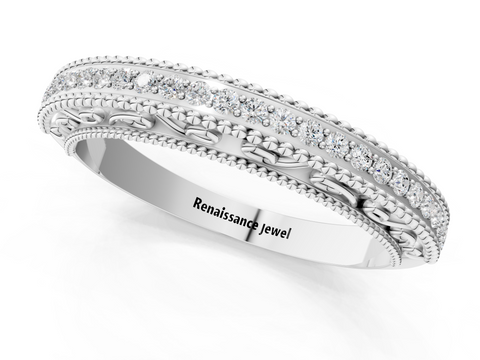 Platinum Round Diamond Pavé Milgrain White Gold Eternity Band