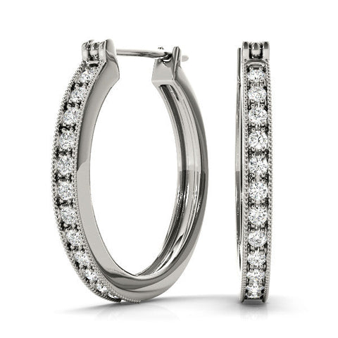 Silver Round Diamond Pave Hoop Earrings with Milgrain Edge