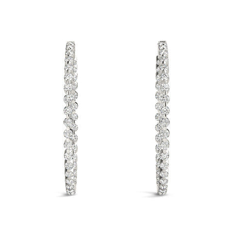 Silver Round Diamond Prong Set Hoop Earrings