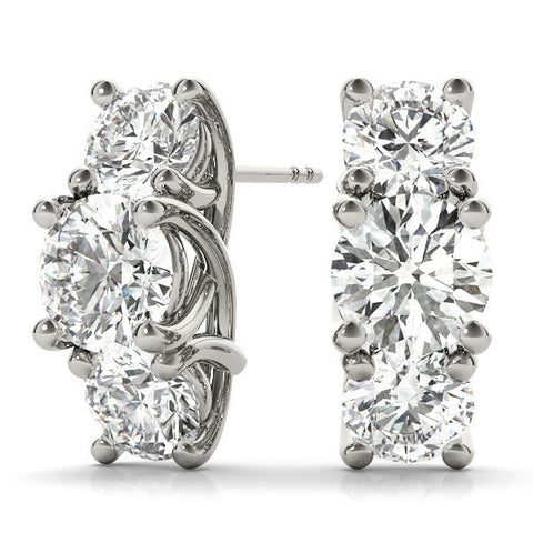 Silver Round Diamond Prong Set Three-Stone Silver Earrings