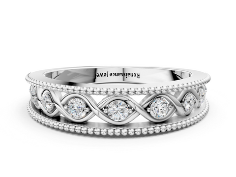 White gold Round Diamond Twist Milgrain Band with Bezel Setting