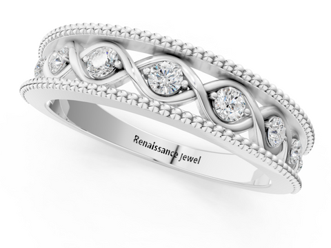 Platinum Round Diamond Twist Milgrain Band with Bezel Setting