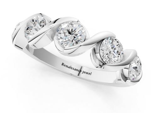 White gold Round Diamond Wave Band with Channel Setting and Shared Prongs
