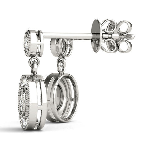 Silver Round Halo Diamond Drop Earrings with Milgrain Bezel Setting