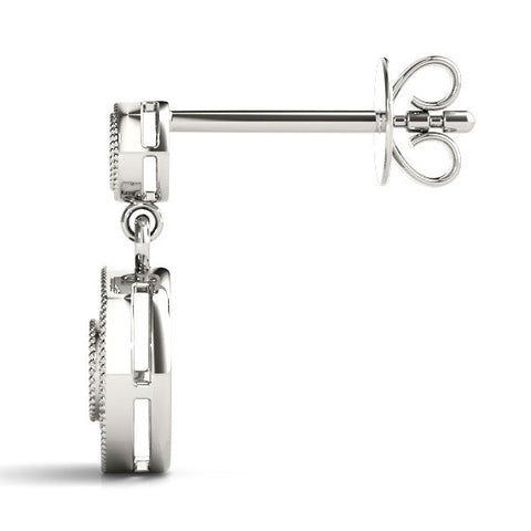 Silver Round Halo Diamond Drop Earrings with Milgrain Bezel Setting