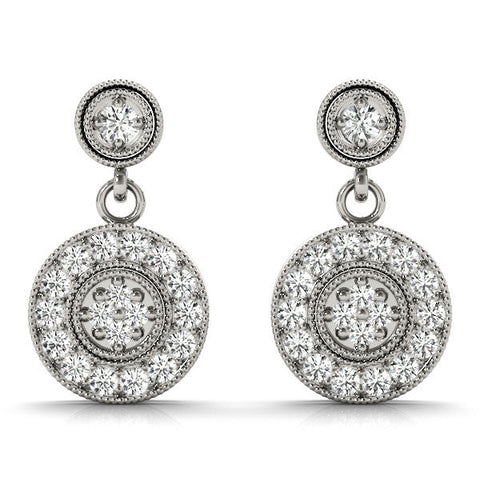Silver Round Halo Diamond Drop Earrings with Milgrain Bezel Setting