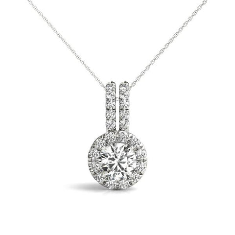 Silver Round Halo Diamond Pendant with Double Prong Setting