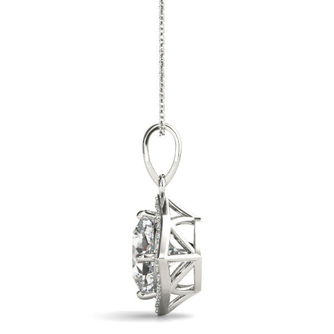 Silver Round Halo Diamond Pendant with Four-Prong Setting
