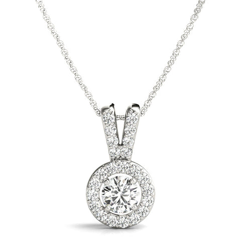 Silver Round Halo Diamond Pendant with Prong Setting