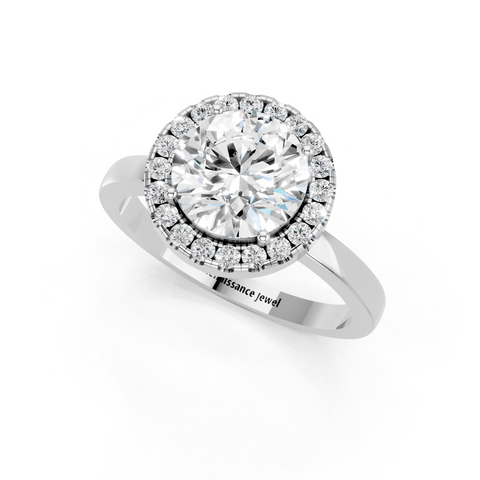 White gold Round Halo Diamond Solitaire with Pavé Band and Four-Prong Setting