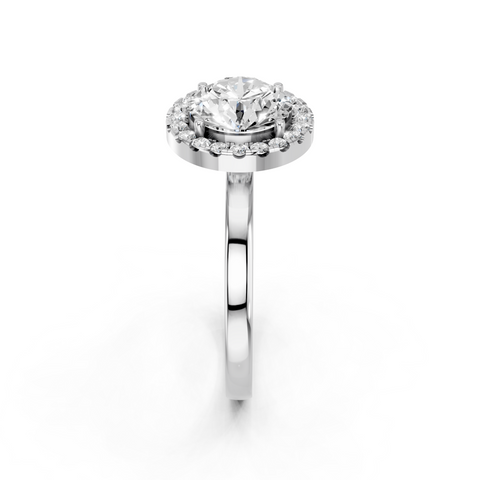 White gold Round Halo Diamond Solitaire with Pavé Band and Four-Prong Setting