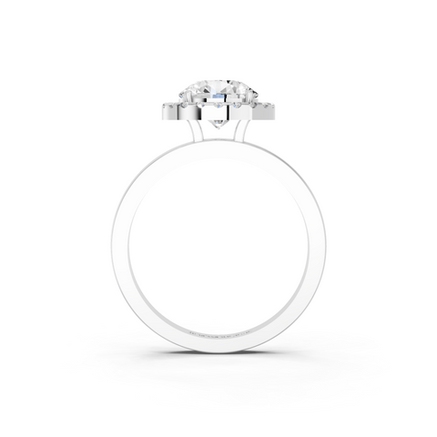 White gold Round Halo Diamond Solitaire with Pavé Band and Four-Prong Setting