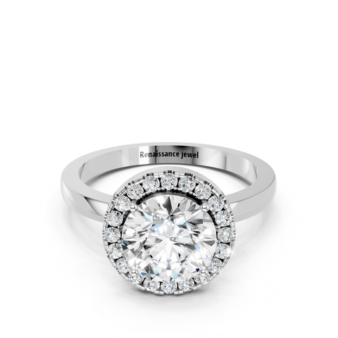 Silver Round Halo Diamond Solitaire with Pavé Band and Four-Prong Setting