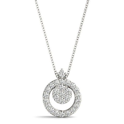Silver Round Halo Pavé Diamond Pendant with Four-Prong Setting