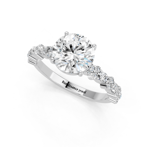 White gold Round Solitaire with Side Stones, Pave Band, Four-Prong Setting
