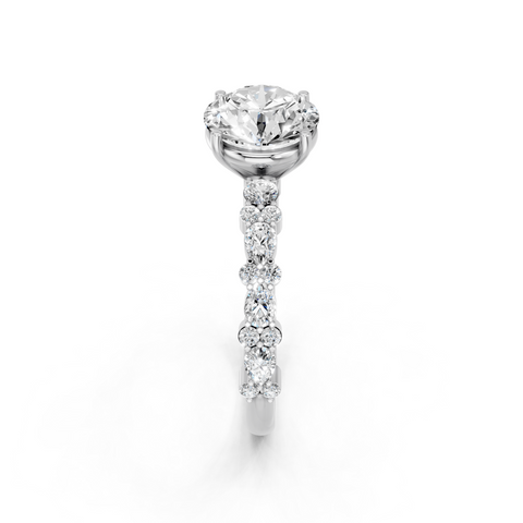 White gold Round Solitaire with Side Stones, Pave Band, Four-Prong Setting