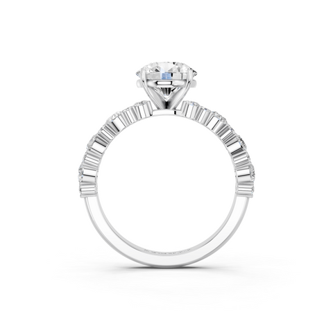 White gold Round Solitaire with Side Stones, Pave Band, Four-Prong Setting