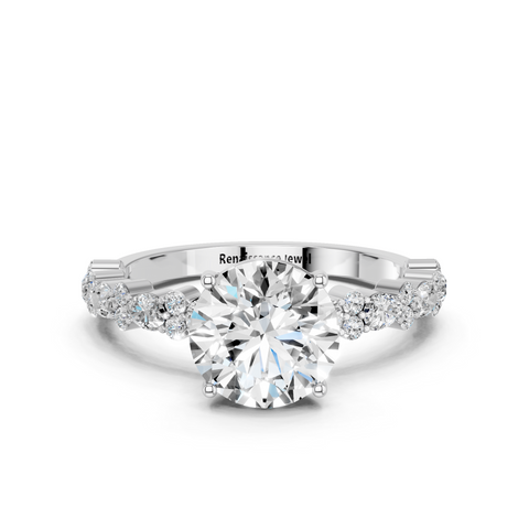 White gold Round Solitaire with Side Stones, Pave Band, Four-Prong Setting