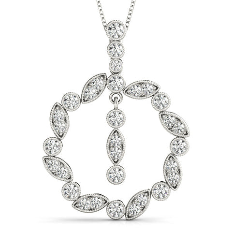 Silver Round and Marquise Cut Diamond Milgrain Halo Pendant