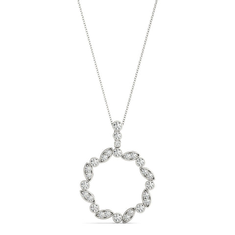 Silver Round and Marquise Diamond Circle Pendant with Bezel and Prong Setting