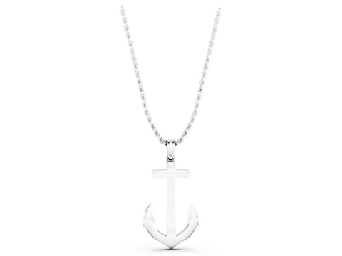 White gold Silver Anchor Pendant with Round Diamond Bezel Setting