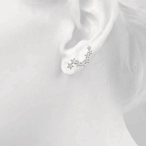 Silver Star Cluster Diamond Crescent Earrings with Round Cut Stones on a Curved Band and Prong Setting