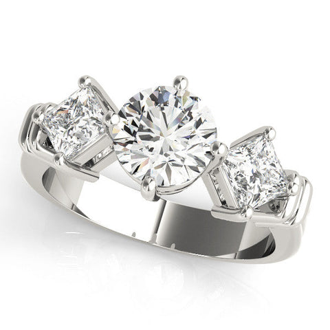 Platinum Three-Stone Round and Princess Cut Diamond Ring with Channel Band and Four-Prong Setting