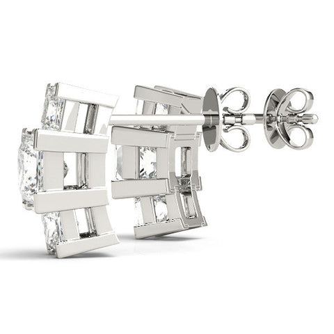 Silver Three-Stone Princess Cut Channel Set Earrings with Bar Prong Setting