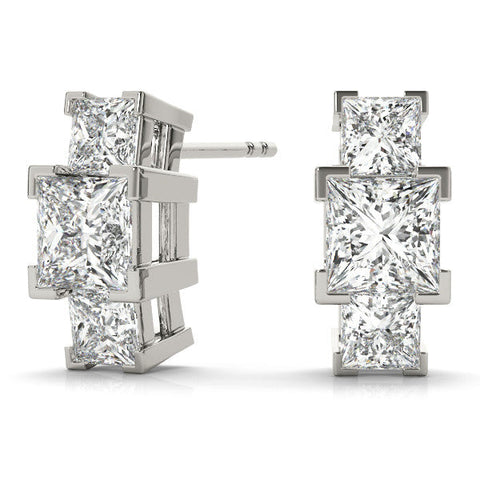 Silver Three-Stone Princess Cut Channel Set Earrings with Bar Prong Setting