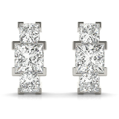 Silver Three-Stone Princess Cut Channel Set Earrings with Bar Prong Setting
