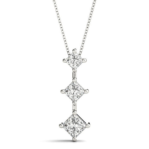 Silver Three-Stone Princess Cut Diamond Pendant with Four-Prong Setting