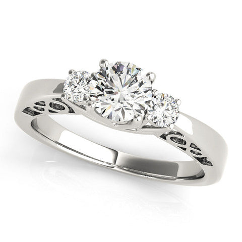 Platinum Three-Stone Round Cut Diamond Cathedral Engagement Ring with Prong Setting