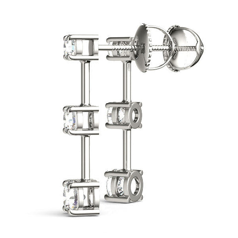 Silver Three-Stone Round Cut Drop Earrings with Prong Setting